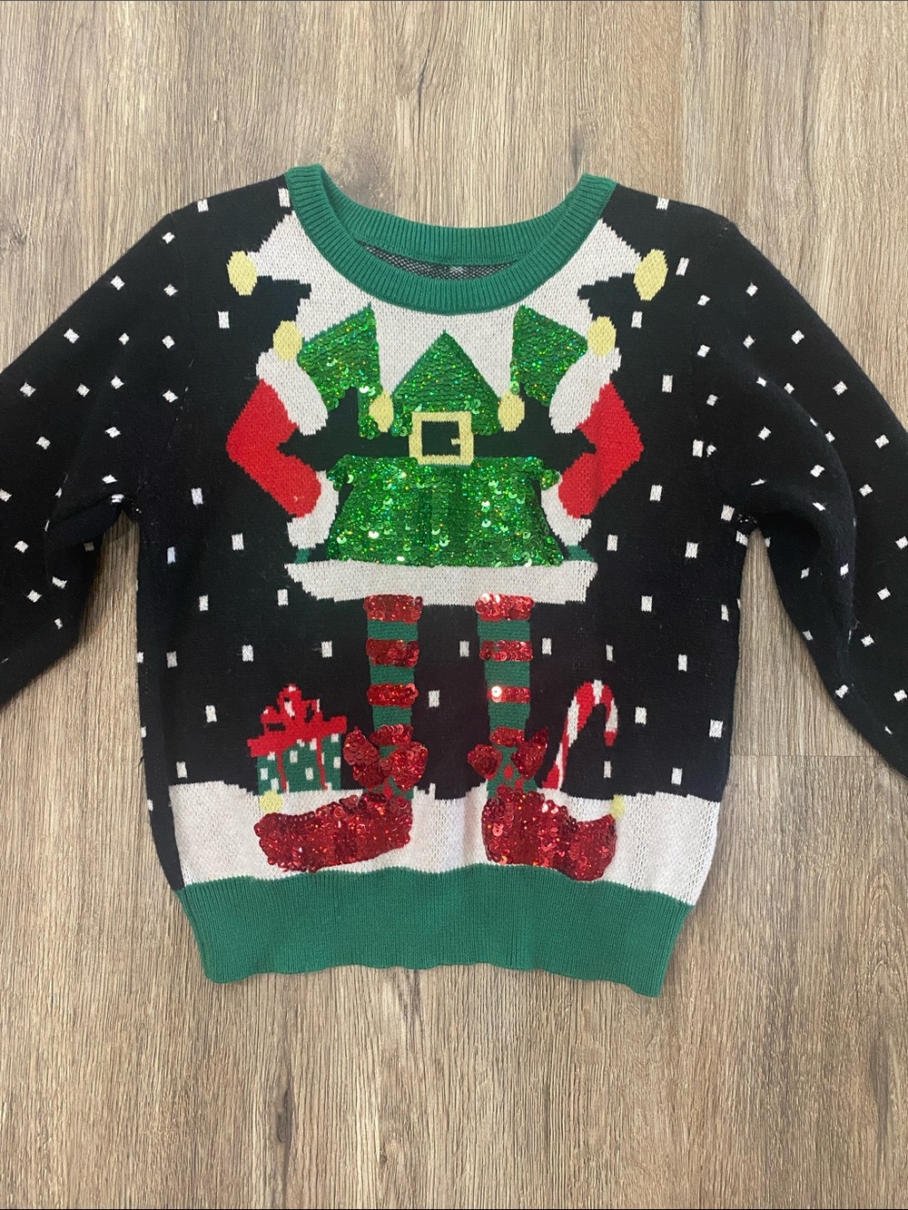 Black Christmas Elf Sequin Sweater with Green and Red Accents